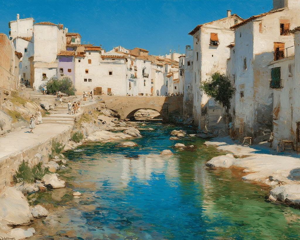 Maisons Blanches et Rivière du Village Peinture par Numéros