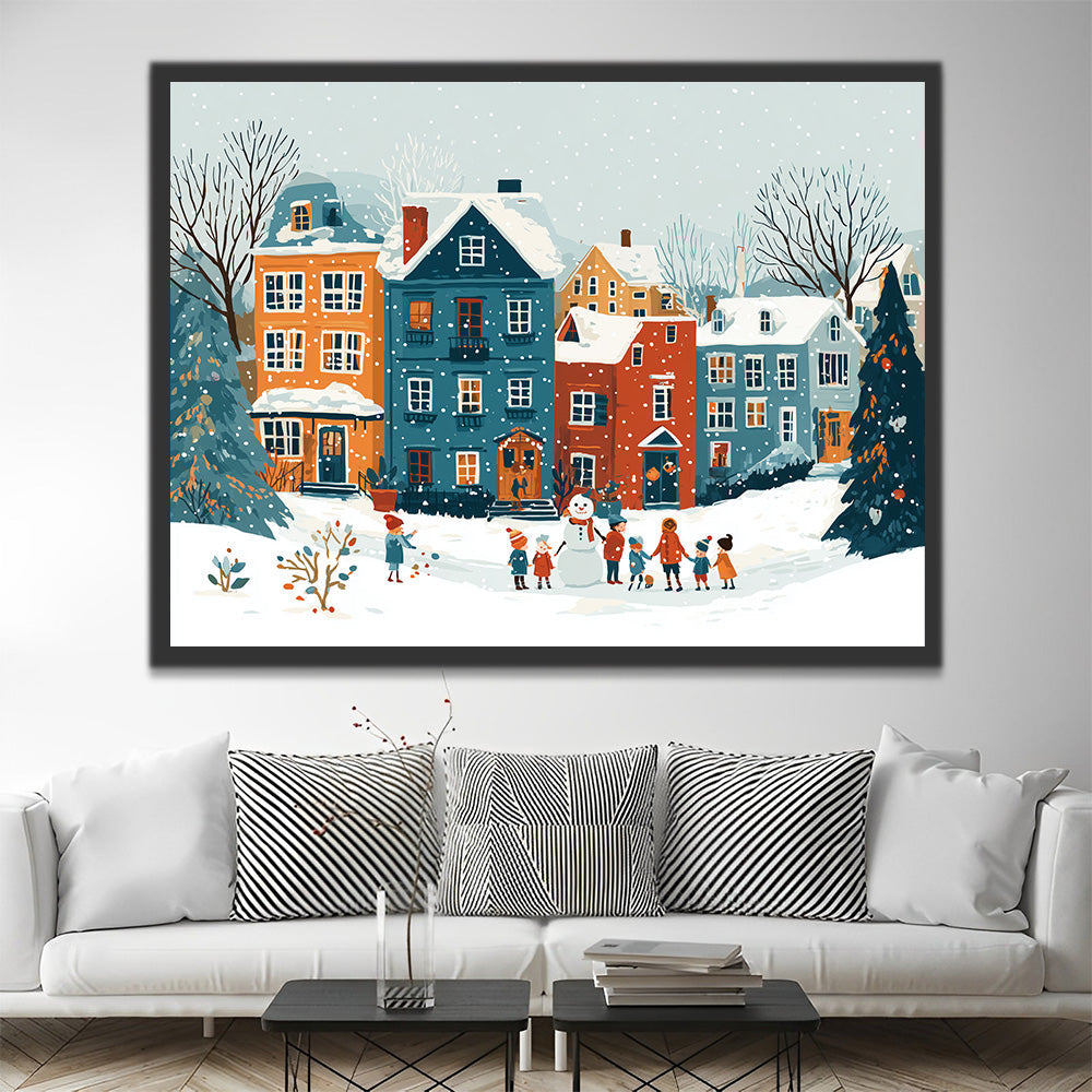 Maisons Colorées dans la Neige à Noël Peinture par Numéros