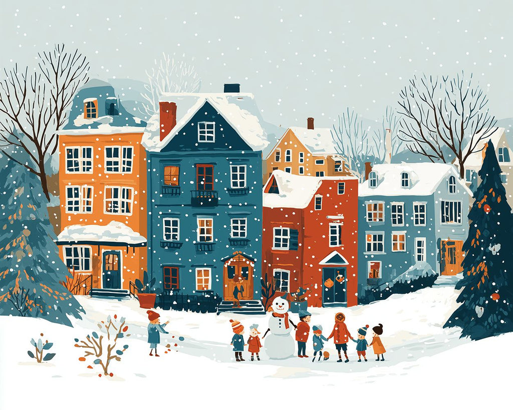 Maisons Colorées dans la Neige à Noël Peinture par Numéros