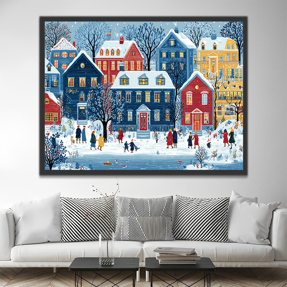 Maisons Colorées et Passants dans la Neige Peinture par Numéros