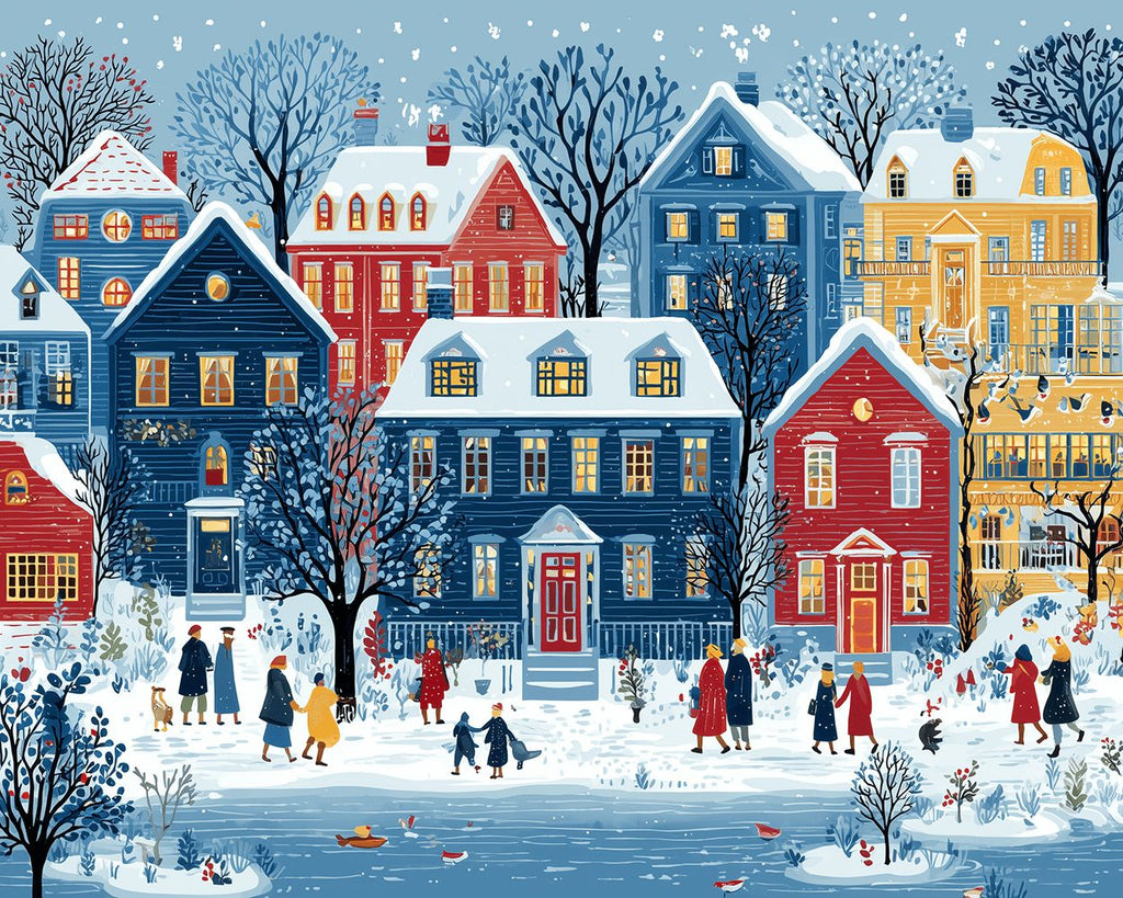 Maisons Colorées et Passants dans la Neige Peinture par Numéros