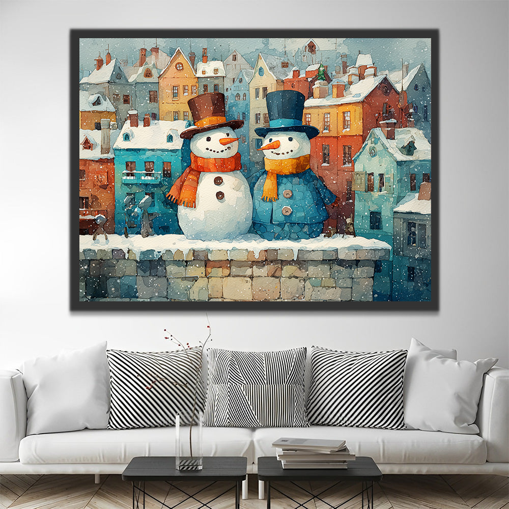 Maisons de Noël Colorées et Bonhommes de Neige dans la Neige Peinture par Numéros