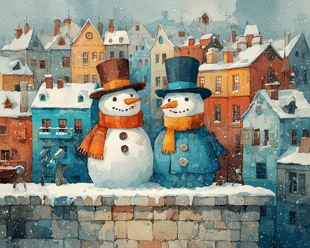 Maisons de Noël Colorées et Bonhommes de Neige dans la Neige Peinture par Numéros