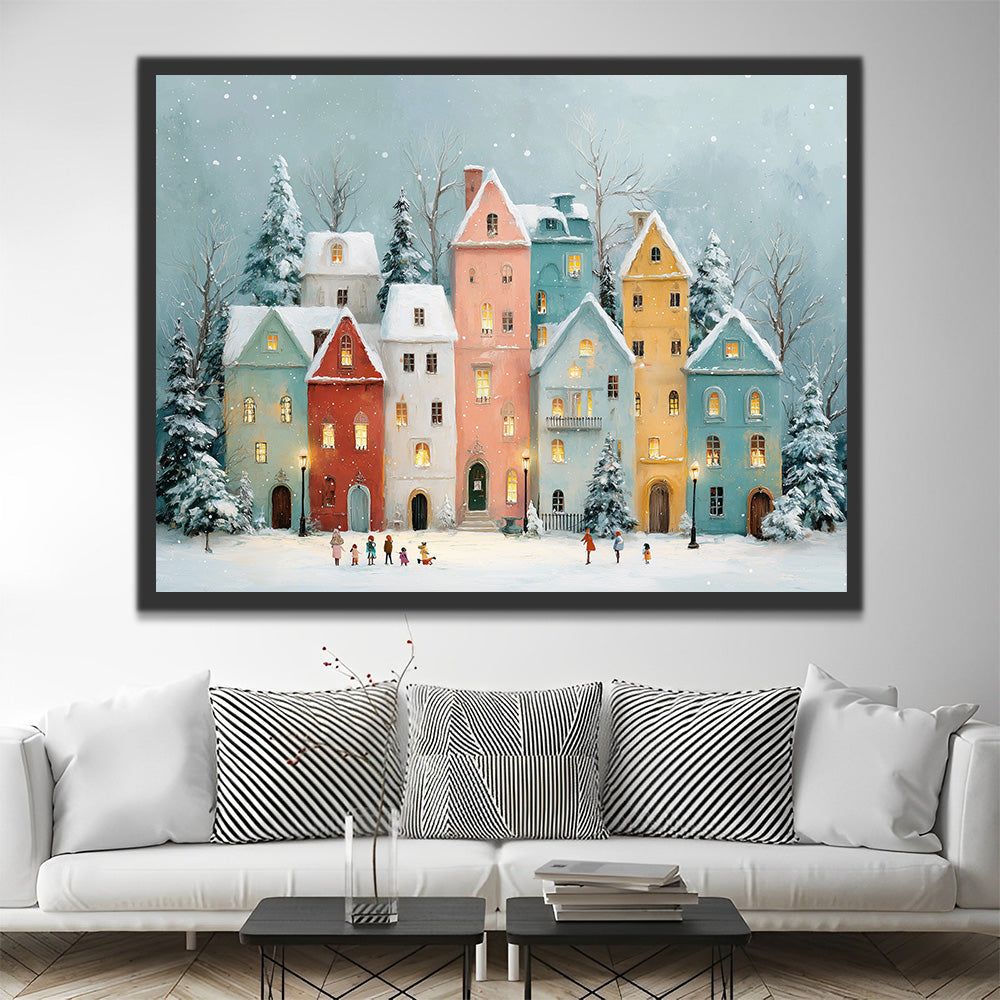 Maisons de Noël Colorées et Enfants dans la Neige Peinture par Numéros
