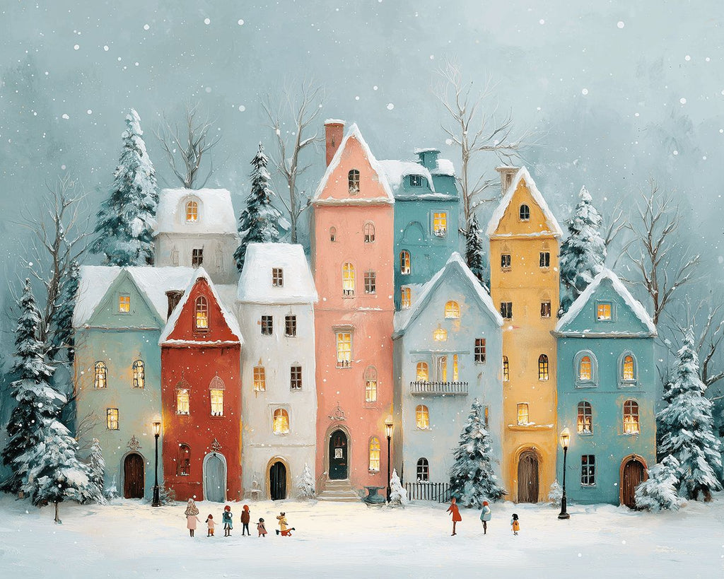 Maisons de Noël Colorées et Enfants dans la Neige Peinture par Numéros