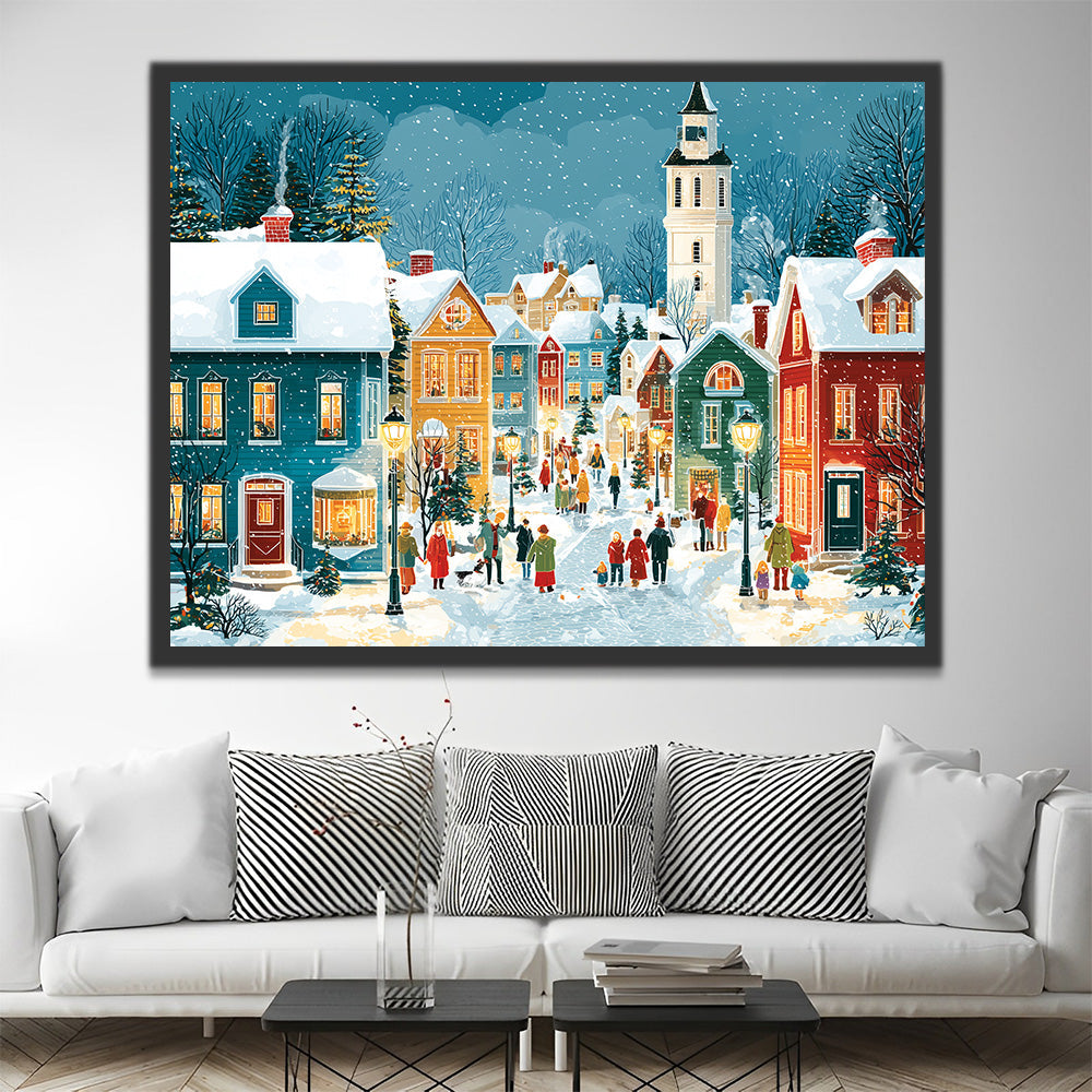 Maisons de Noël Colorées et Personnes dans la Neige Peinture par Numéros