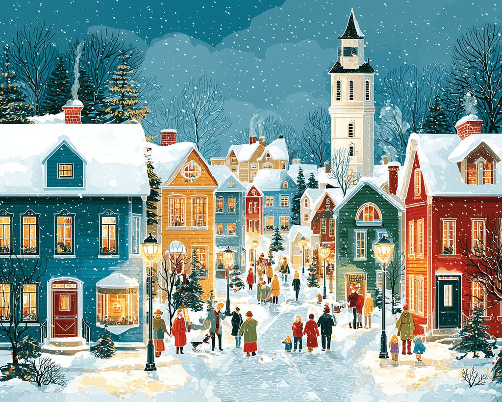 Maisons de Noël Colorées et Personnes dans la Neige Peinture par Numéros