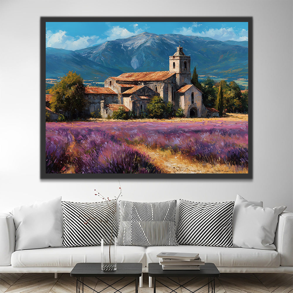 Maisons en Pierre et Champs de Lavande au Pied de la Montagne Peinture par Numéros