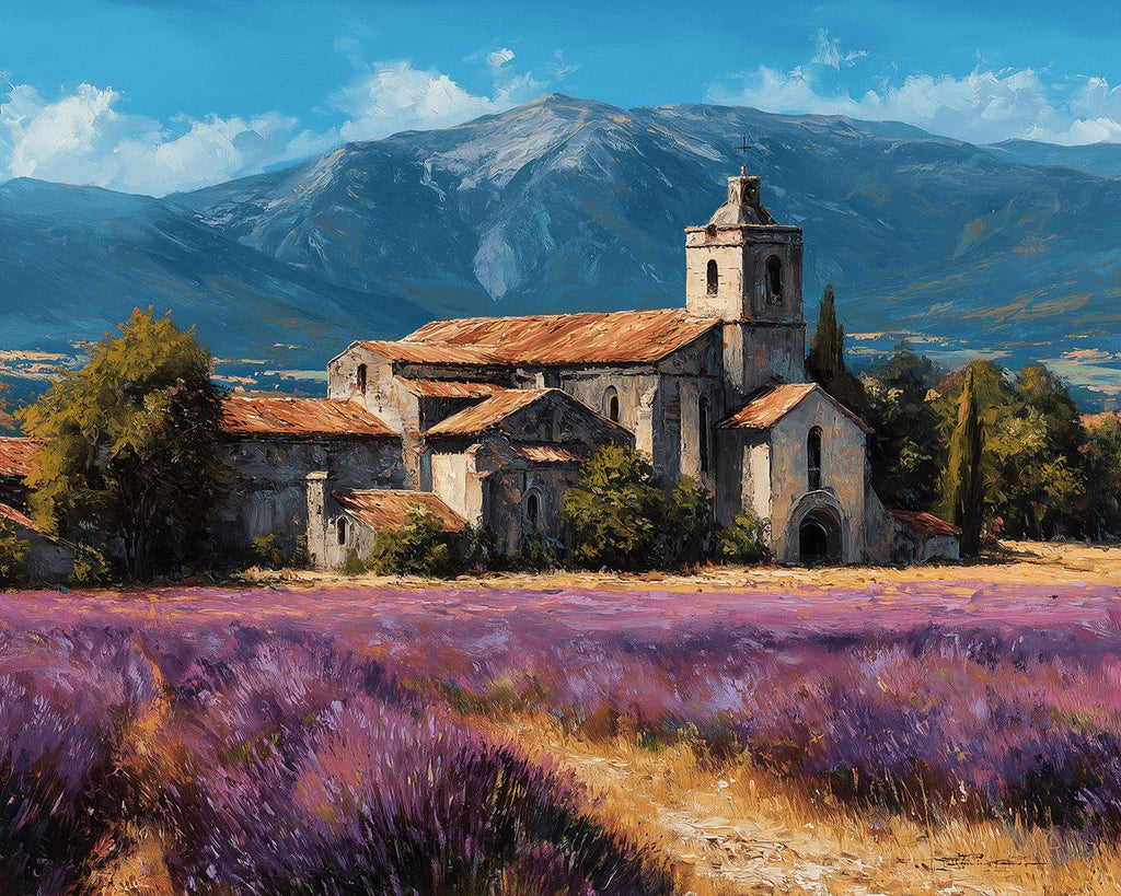 Maisons en Pierre et Champs de Lavande au Pied de la Montagne Peinture par Numéros