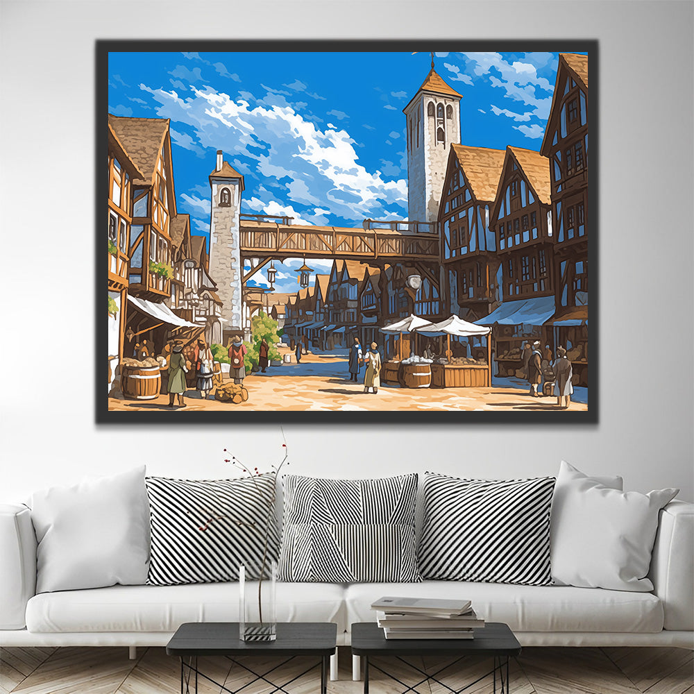 Marché d'une Petite Ville sous le Ciel Bleu Peinture par Numéros
