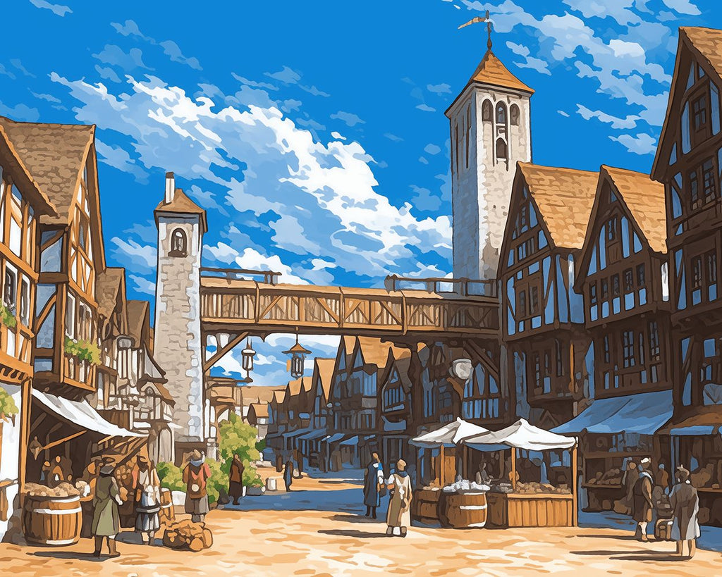 Marché d'une Petite Ville sous le Ciel Bleu Peinture par Numéros