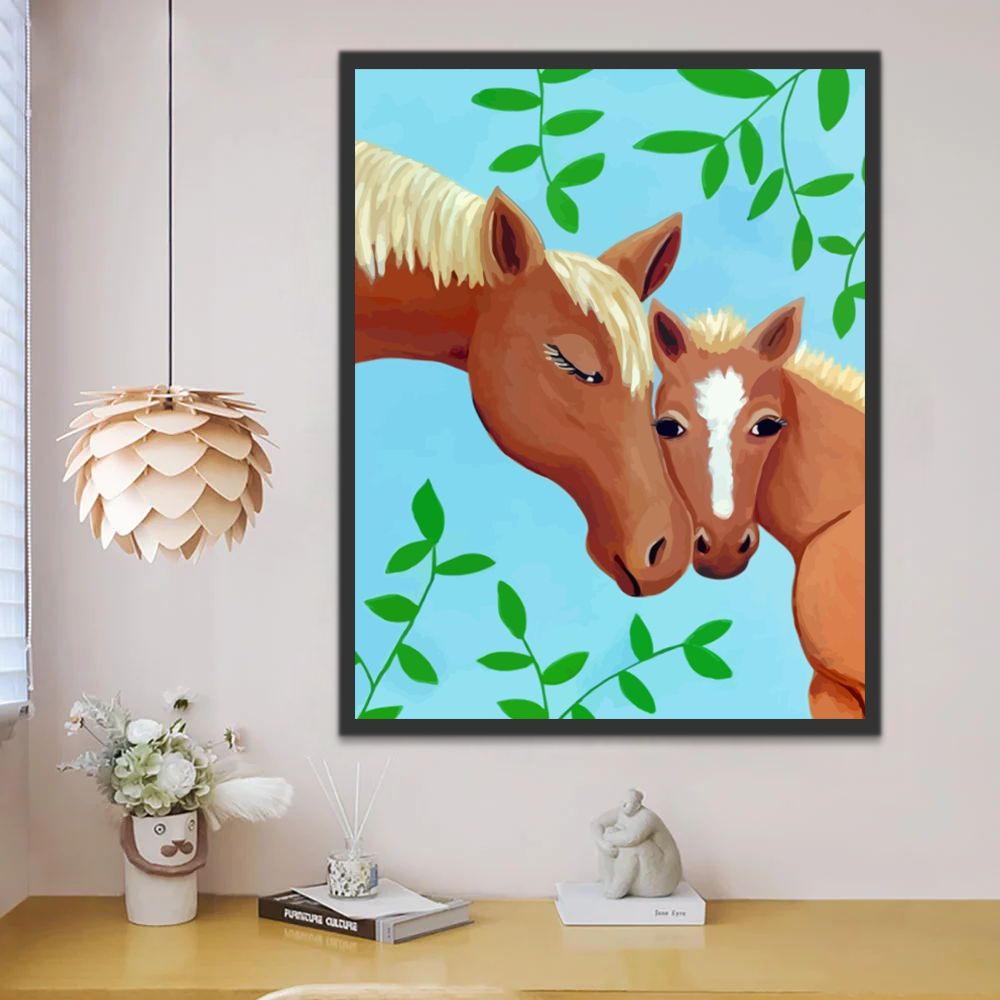 Mère Cheval et Bébé Cheval Cartoon Enfants Peinture par Numéros