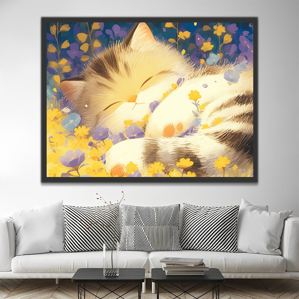 Mignon Chat avec Fleurs Violetts Peinture par Numéros