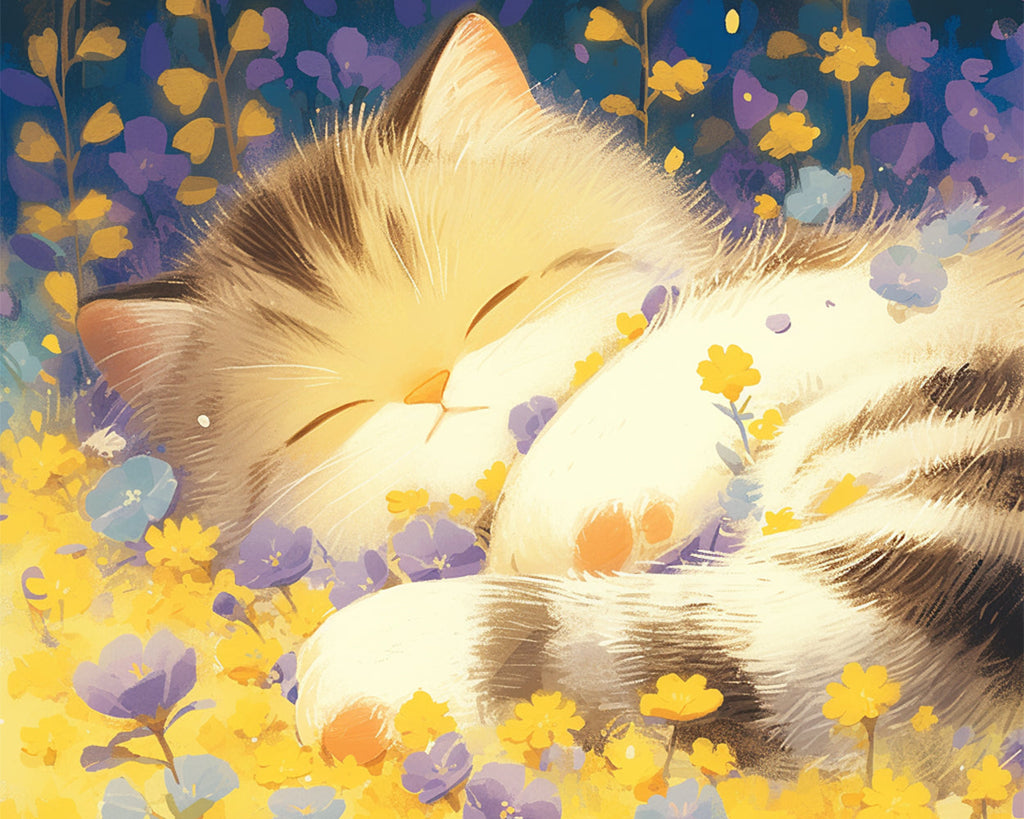 Mignon Chat avec Fleurs Violetts Peinture par Numéros