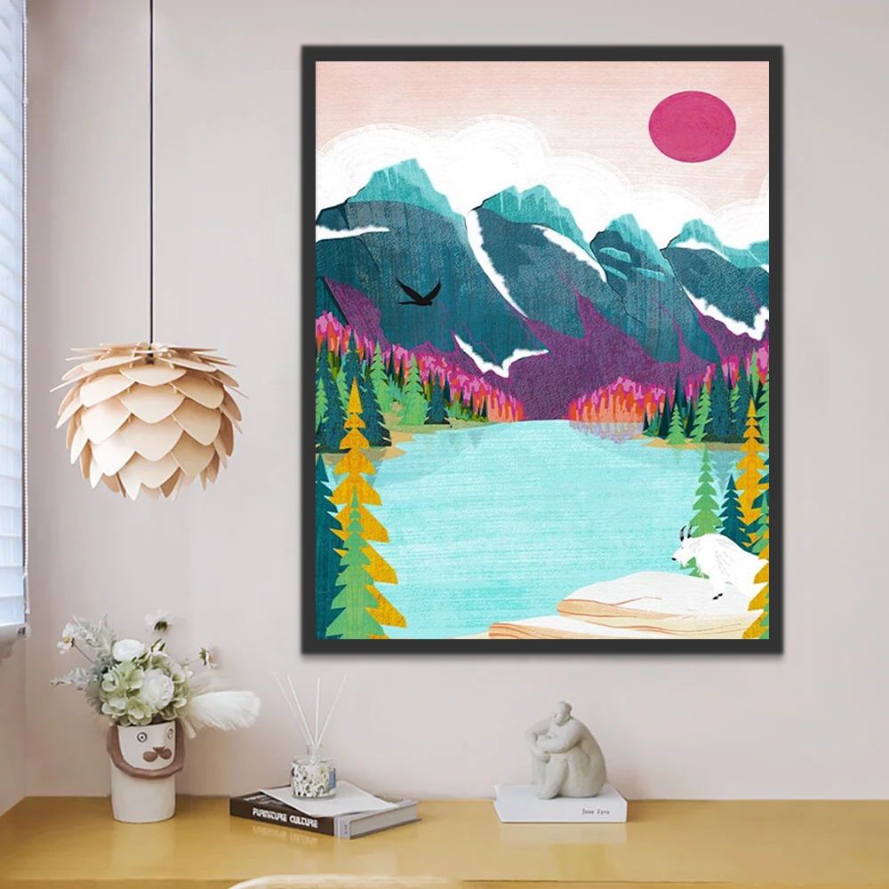 Montagne Lac et Soleil Rouge Enfants Peinture par Numéros