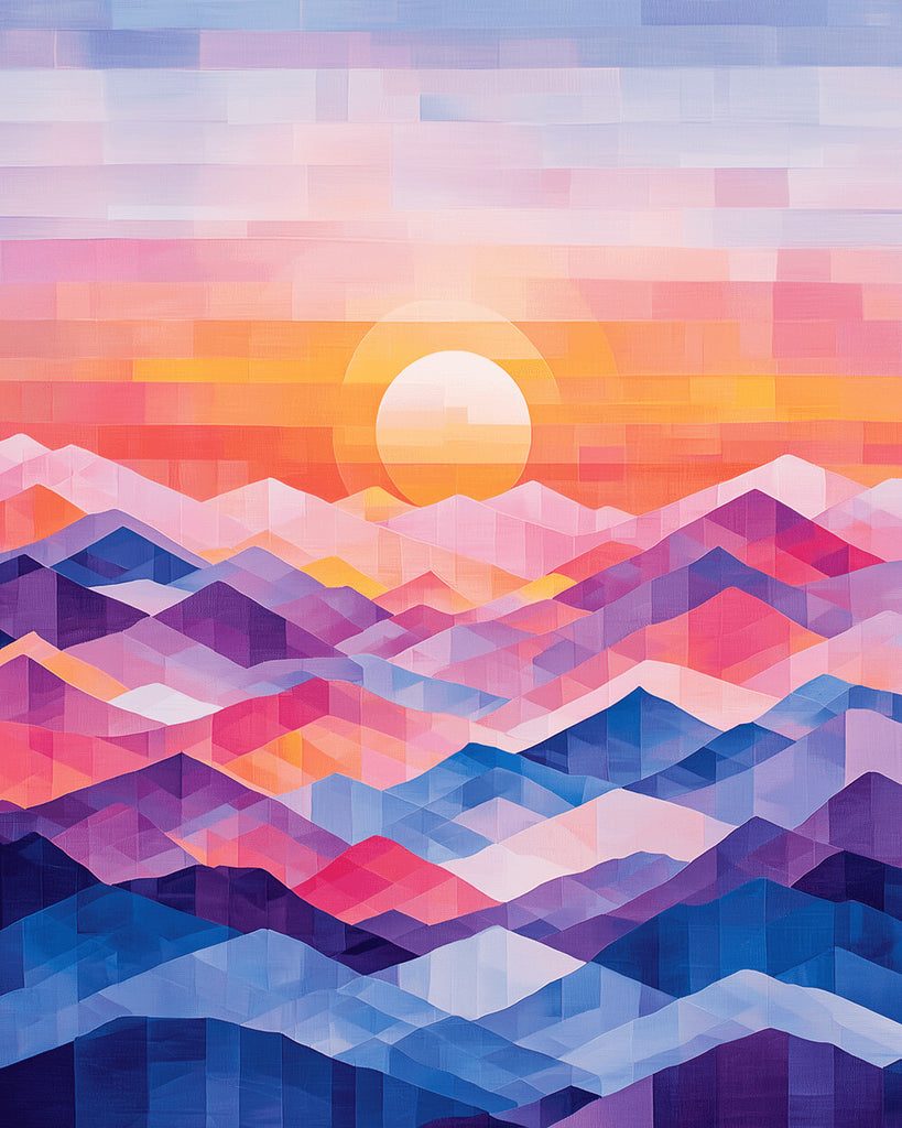 Montagnes Abstraites et Colorées avec Lever de Soleil Peinture par Numéros