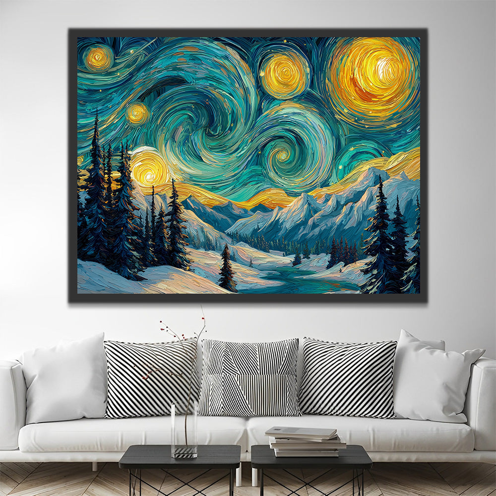 Montagnes Enneigées sous la Nuit Étoilée Peinture par Numéros