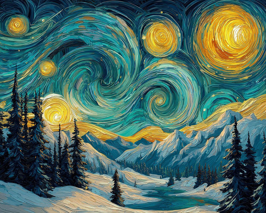 Montagnes Enneigées sous la Nuit Étoilée Peinture par Numéros
