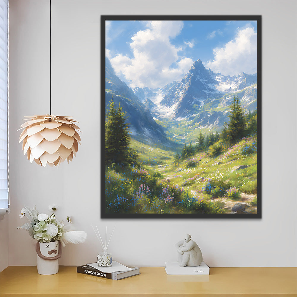 Montagnes et Pentes Herbeuses sous les Nuages Blancs Peinture par Numéros