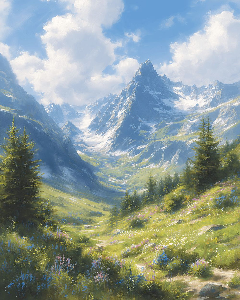 Montagnes et Pentes Herbeuses sous les Nuages Blancs Peinture par Numéros
