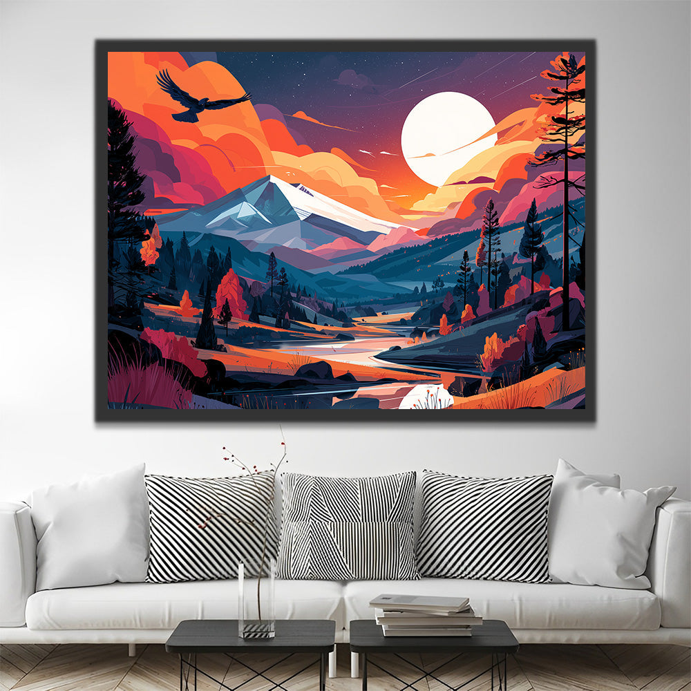 Montagnes et Rivière Sinueuse sous la Lune Claire Peinture par Numéros