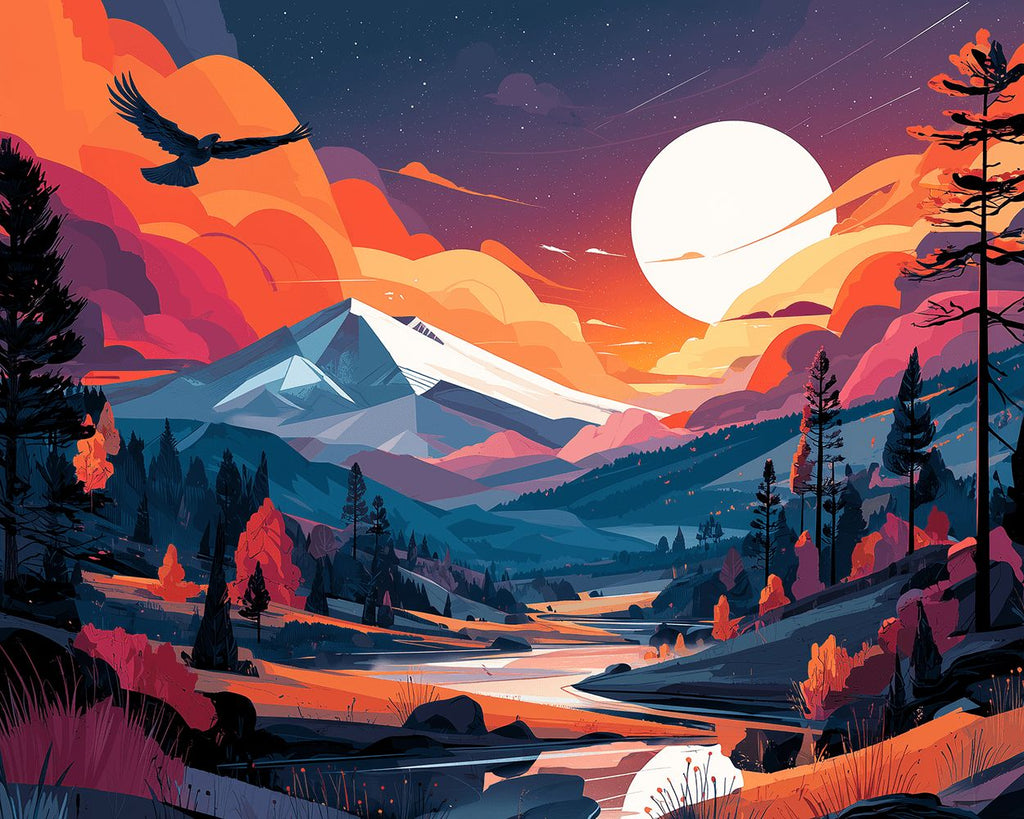 Montagnes et Rivière Sinueuse sous la Lune Claire Peinture par Numéros