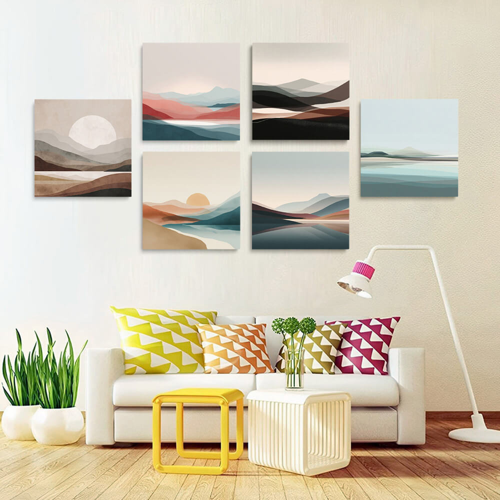 Montagnes, Mer et Soleil Levant 6 Mini Peintures par Numéros
