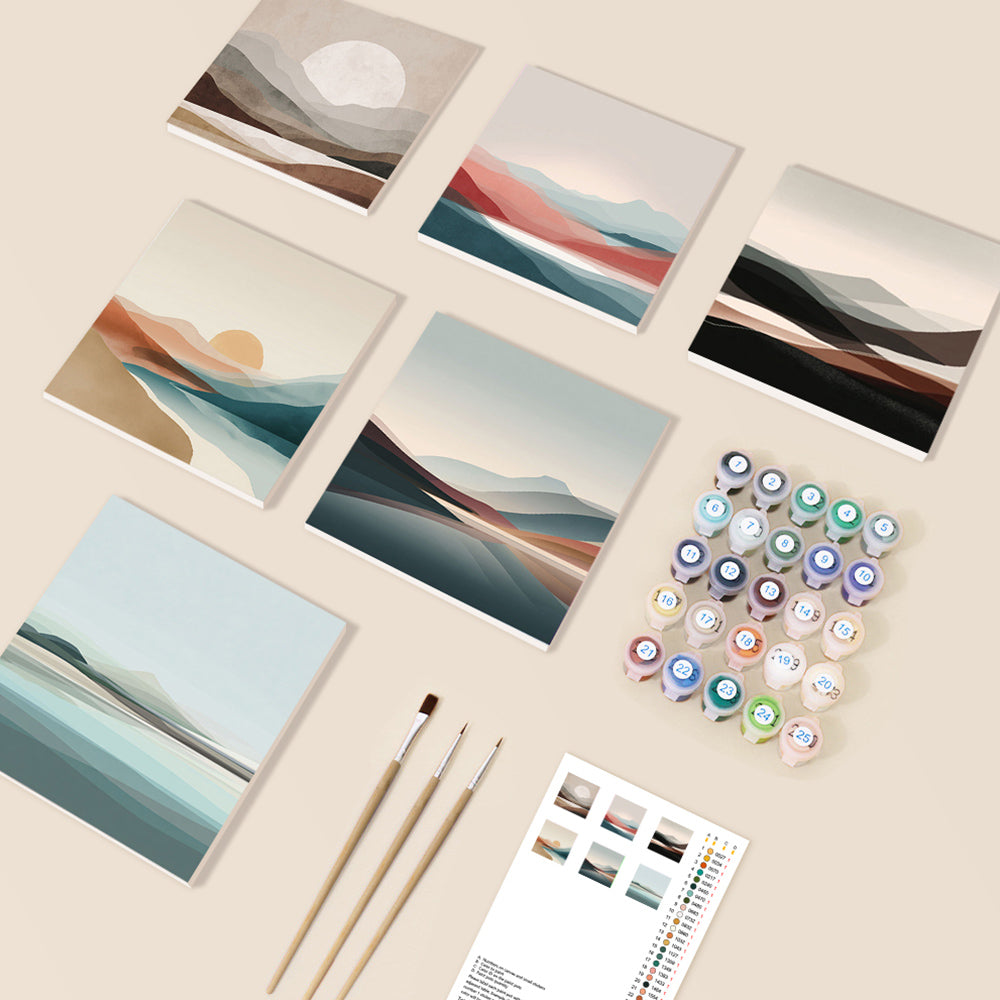 Montagnes, Mer et Soleil Levant 6 Mini Peintures par Numéros