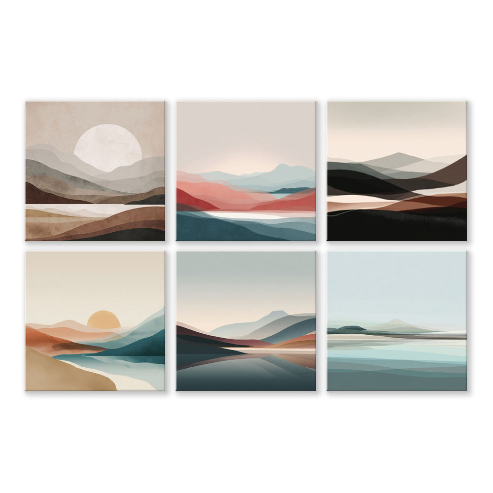 Montagnes, Mer et Soleil Levant 6 Mini Peintures par Numéros