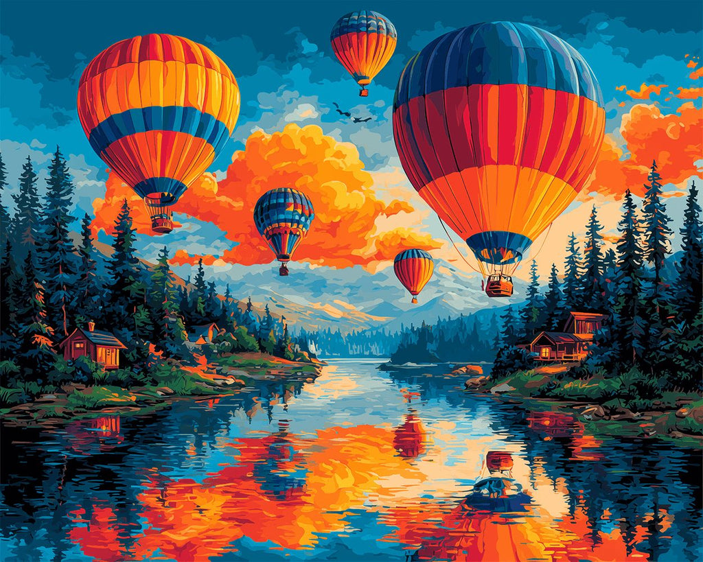 Montgolfières au dessus de la Rivière en Forêt Peinture par Numéros