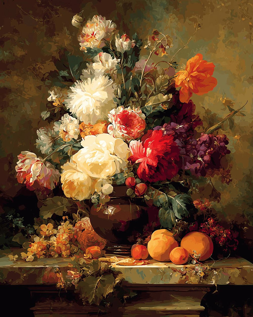 Nature Morte Vintage de Chrysanthèmes et Fruits Peinture par Numéros