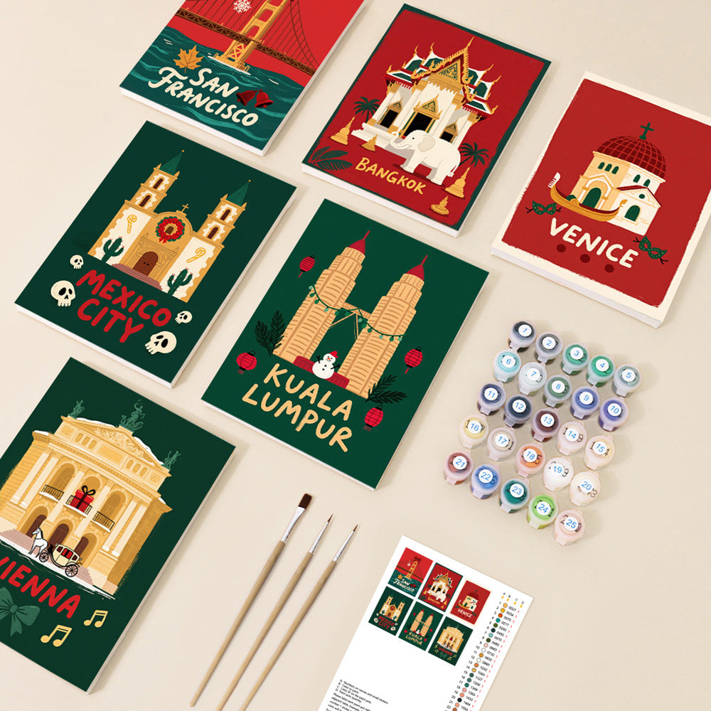 Noël dans les Villes Célèbres 6 Mini Peintures par Numéros
