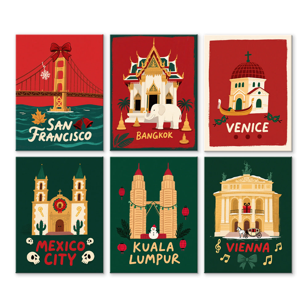 Noël dans les Villes Célèbres 6 Mini Peintures par Numéros