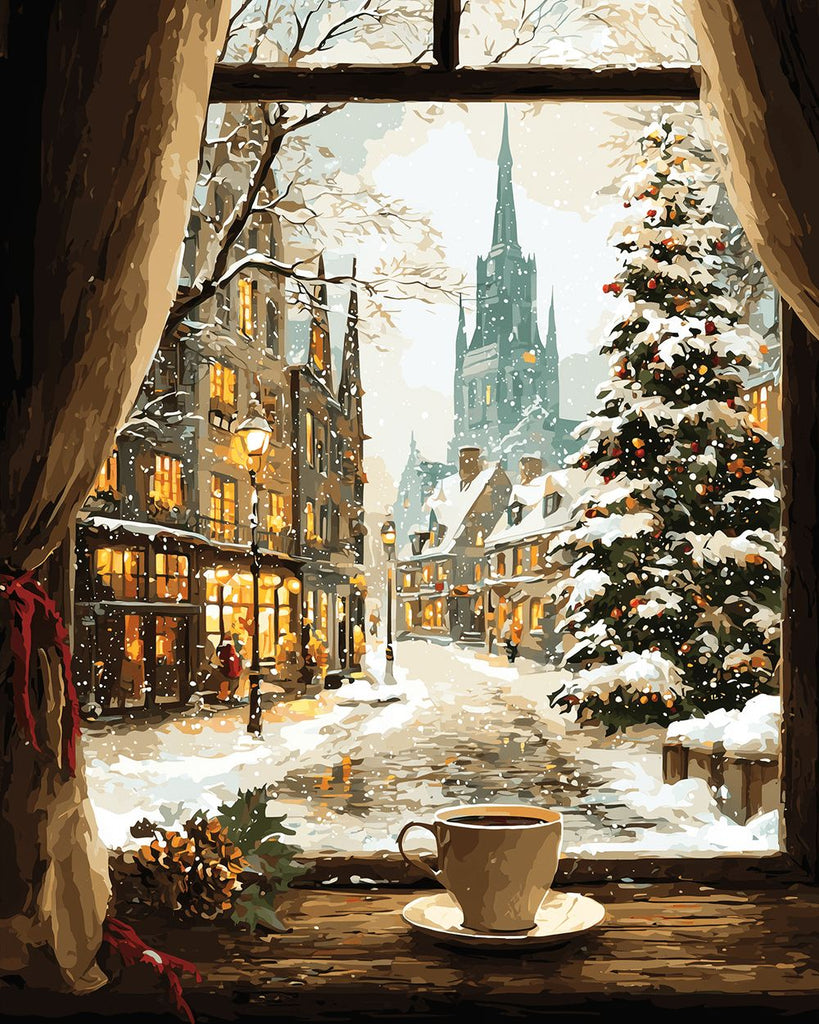 Noël en Ville dehors par la Fenêtre Peinture par Numéros