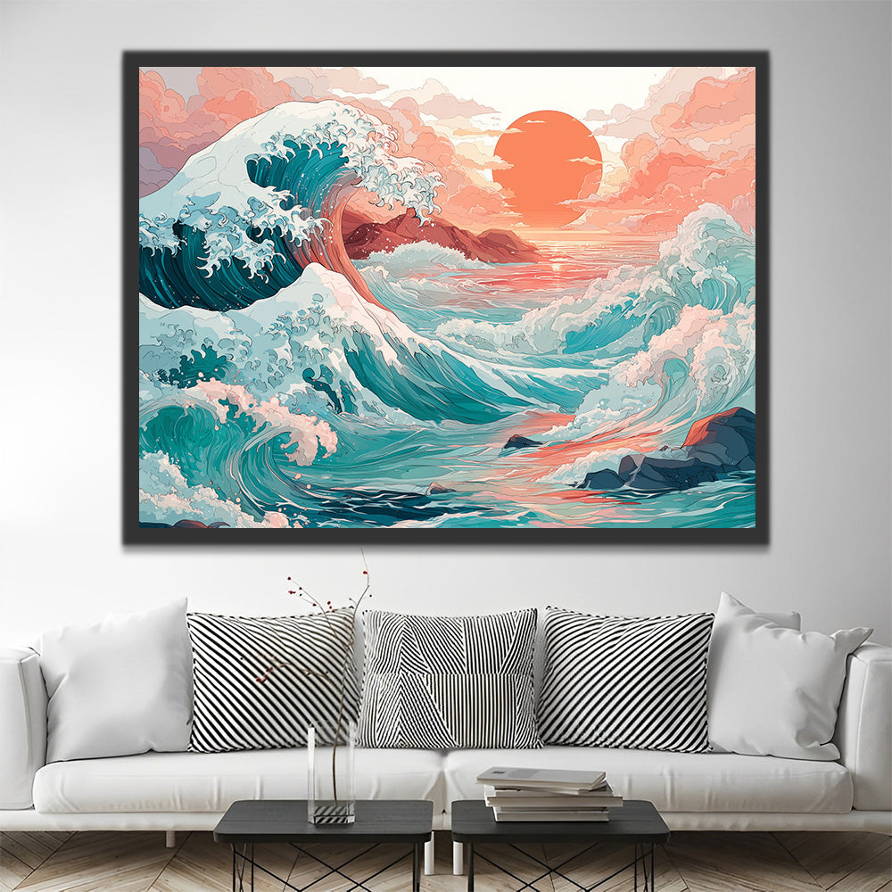 Nuages et Vagues au Lever du Soleil Peinture par Numéros