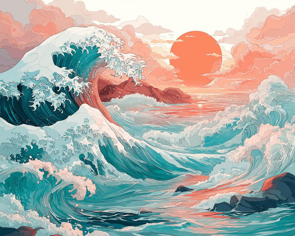 Nuages et Vagues au Lever du Soleil Peinture par Numéros