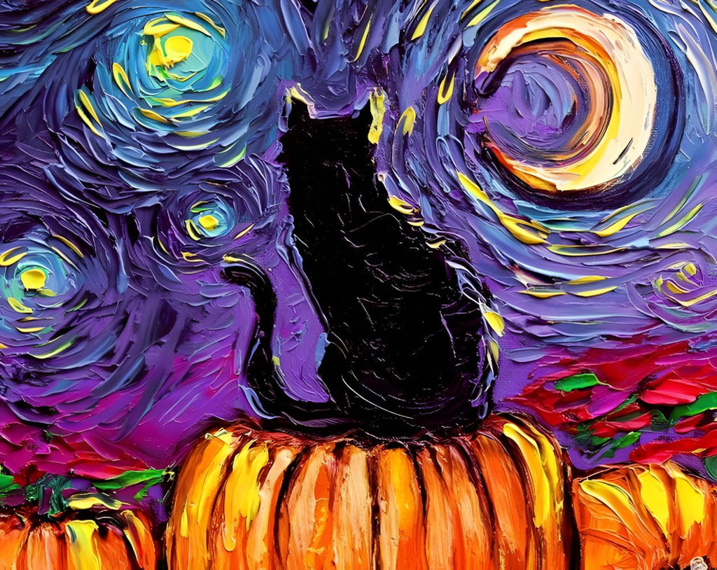 Nuit Etoilée et Chat Noir sur les Citrouilles Van Gogh Peinture par Numéros