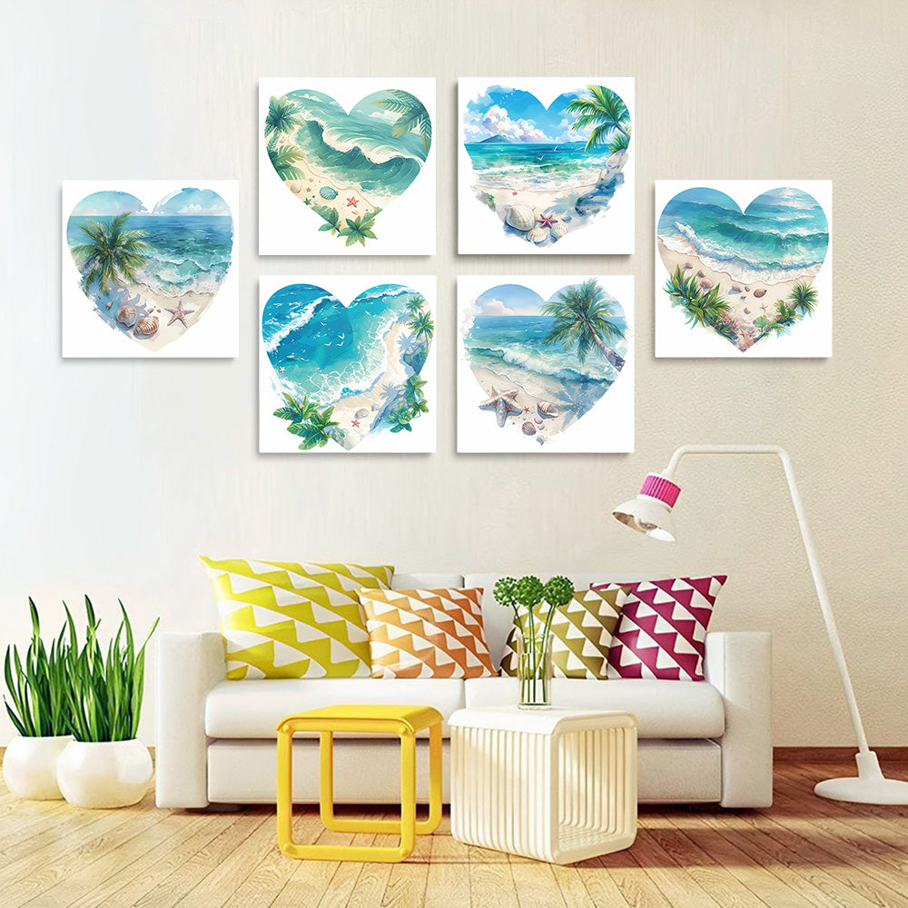 Océan et Plage en Forme de Cœur 6 Mini Peintures par Numéros