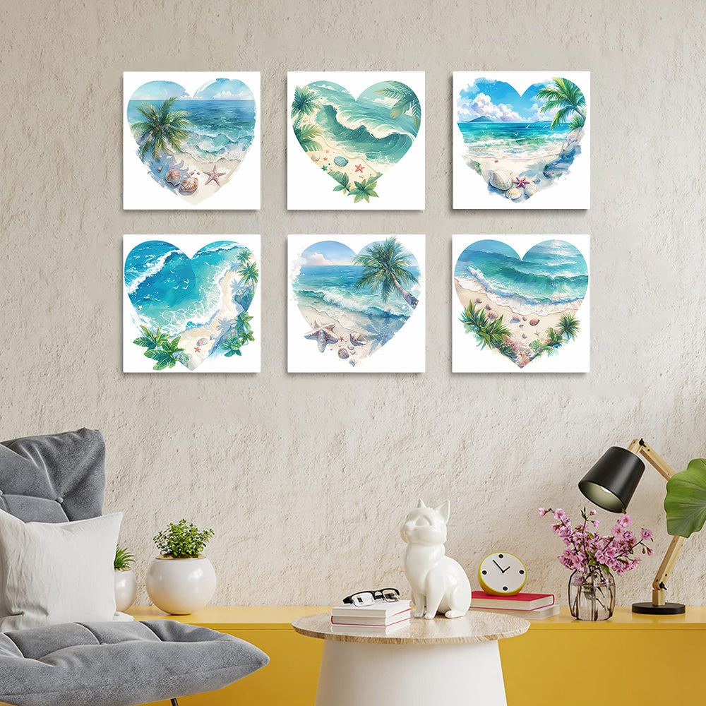 Océan et Plage en Forme de Cœur 6 Mini Peintures par Numéros