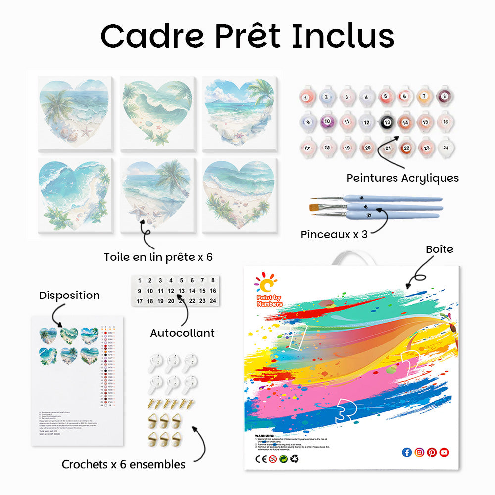 Océan et Plage en Forme de Cœur 6 Mini Peintures par Numéros