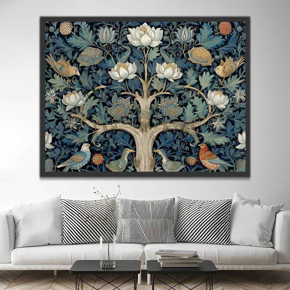 Oiseaux Cachés dans l’Arbre en Fleurs Blanches Peinture par Numéros