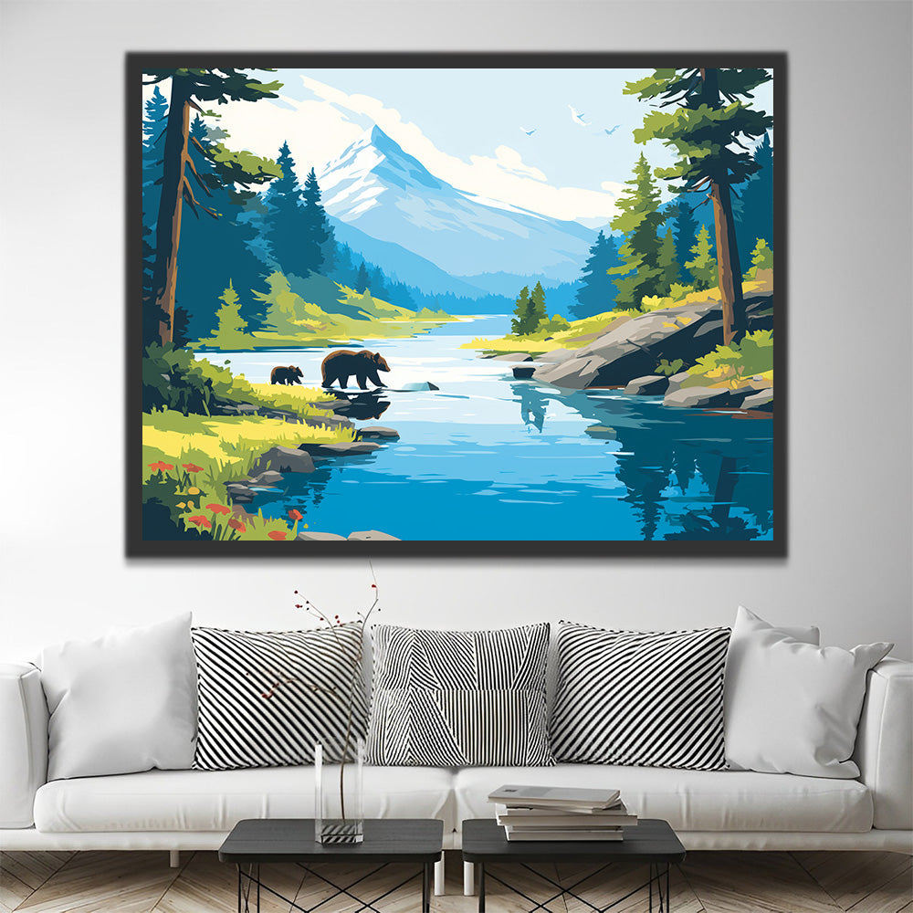 Ours des Montagnes Traversant la Rivière Peinture par Numéros