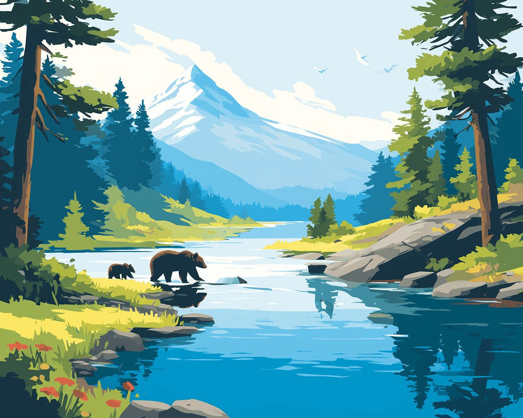 Ours des Montagnes Traversant la Rivière Peinture par Numéros