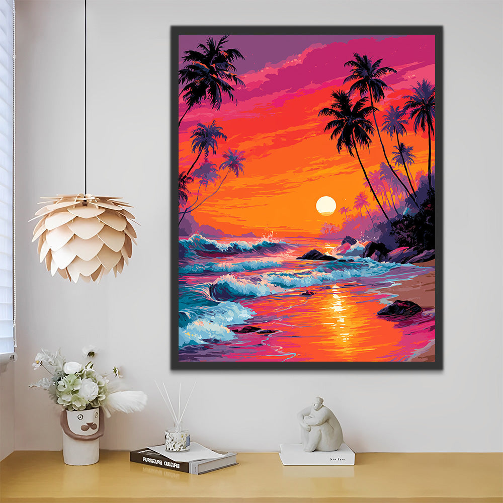 Palmiers au Bord de la Mer au Coucher du Soleil Peinture par Numéros