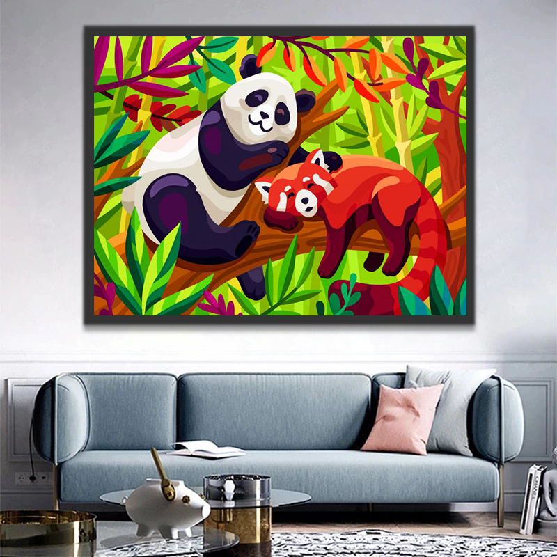 Panda Géant et Ailurus Roux Cartoon d'Enfants Peinture par Numéros