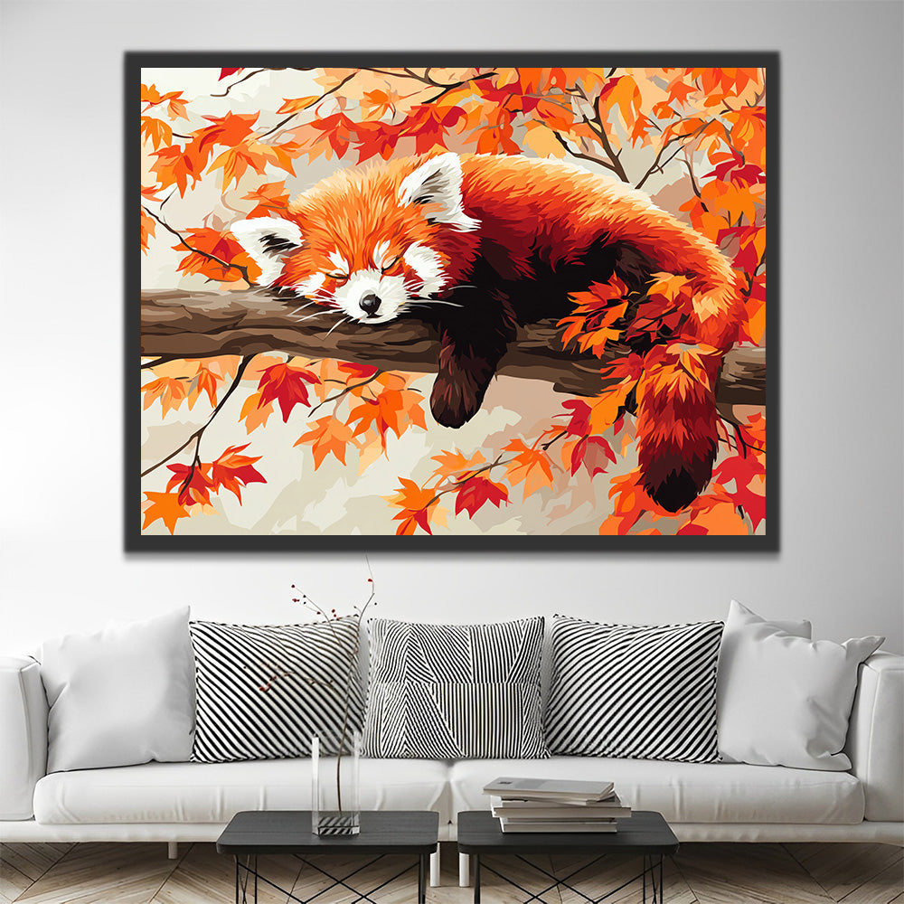 Panda Roux Dormant sur un Érable Rouge Peinture par Numéros