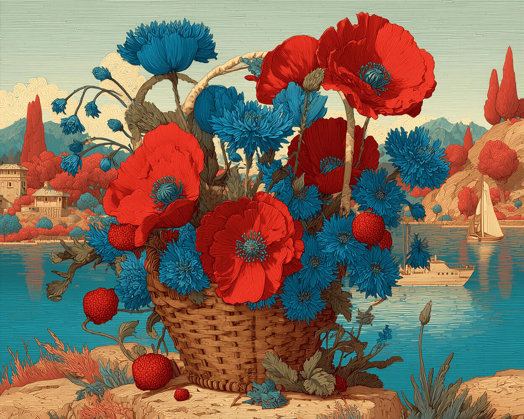 Panier de Chrysanthèmes Bleus et de Coquelicots Rouges au Bord du Lac Peinture par Numéros