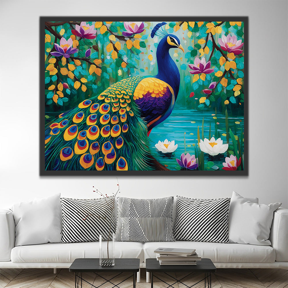 Paon Vert Doré au Bord de l’Étang de Lotus Peinture par Numéros