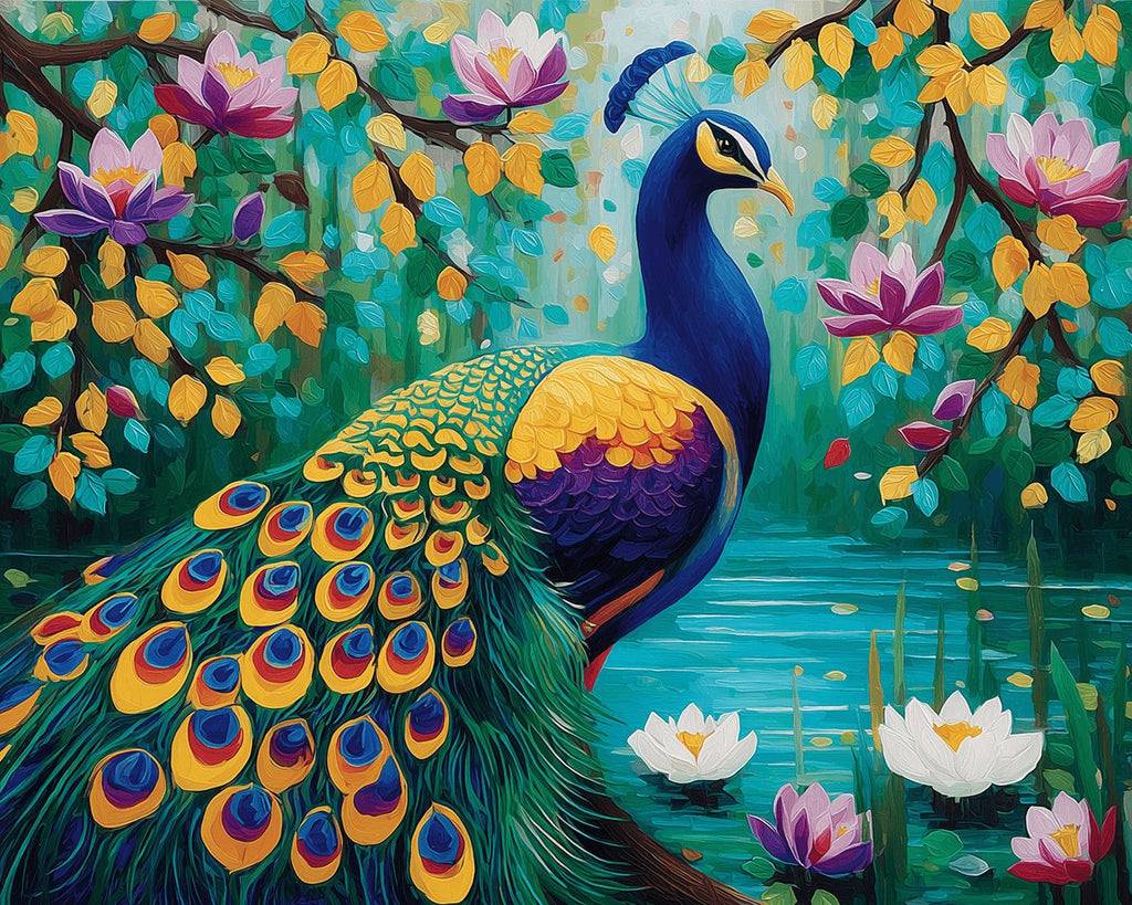 Paon Vert Doré au Bord de l’Étang de Lotus Peinture par Numéros