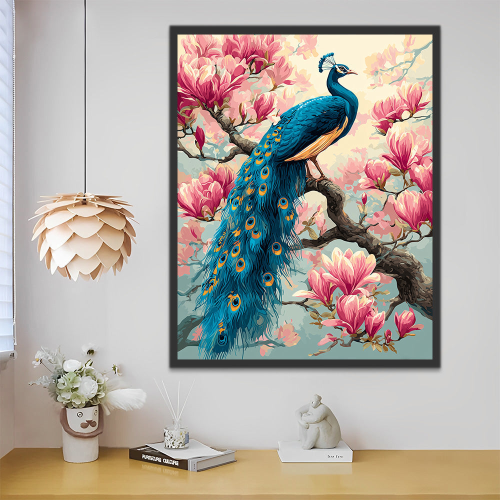 Paon Vert sur un Magnolia Rose Peinture par Numéros